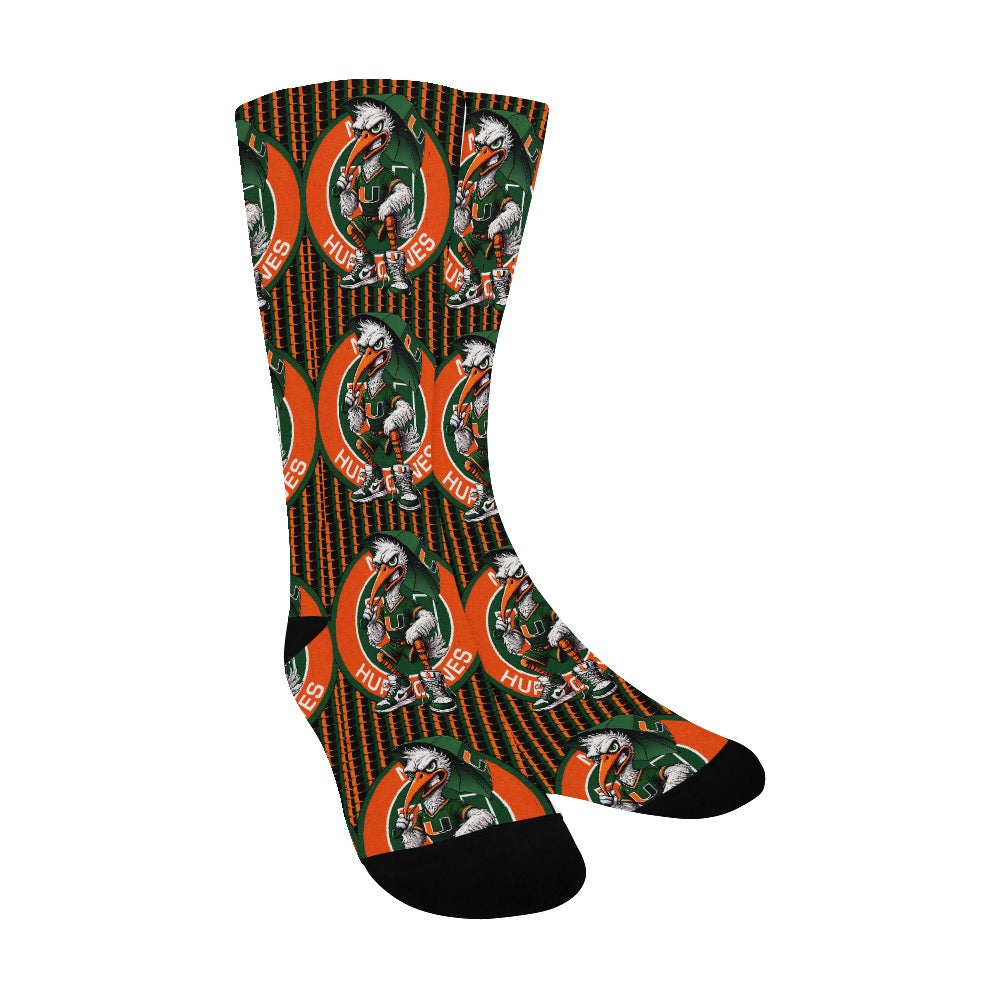 HURRICANES UM UNIVERSITY OF MIAMI MEN’S CUSTOM CREW SOCKS – MIAMI FOOTBALL FAN GIFT