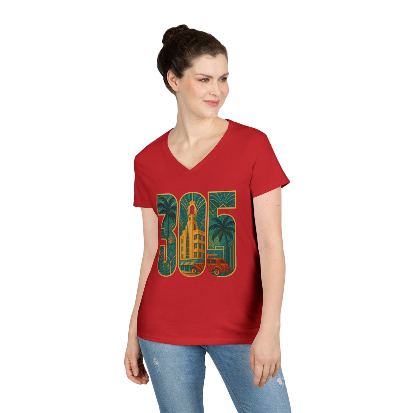 Miami Florida Ladies' V-Neck T-Shirt Art Deco 305 Tee