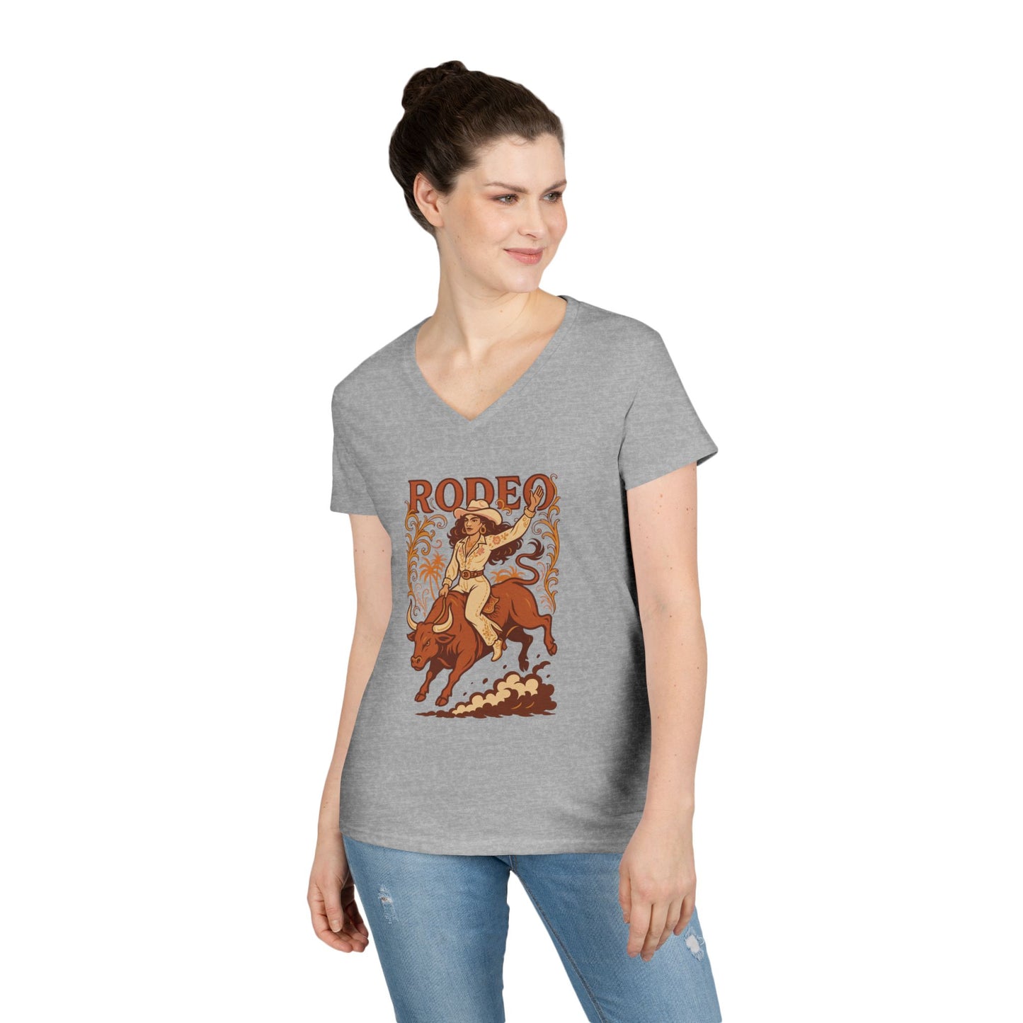 Cow Girl Ladies' V-Neck T-Shirt Rodeo Country Tee Southern Style