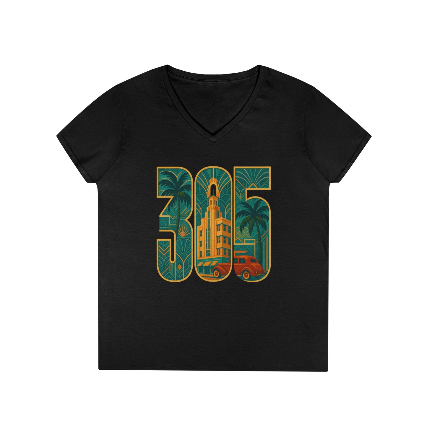 Miami Florida Ladies' V-Neck T-Shirt Art Deco 305 Tee