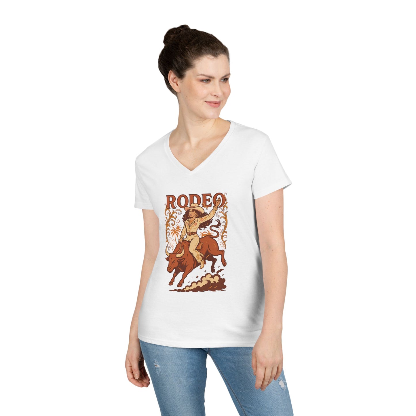 Cow Girl Ladies' V-Neck T-Shirt Rodeo Country Tee Southern Style