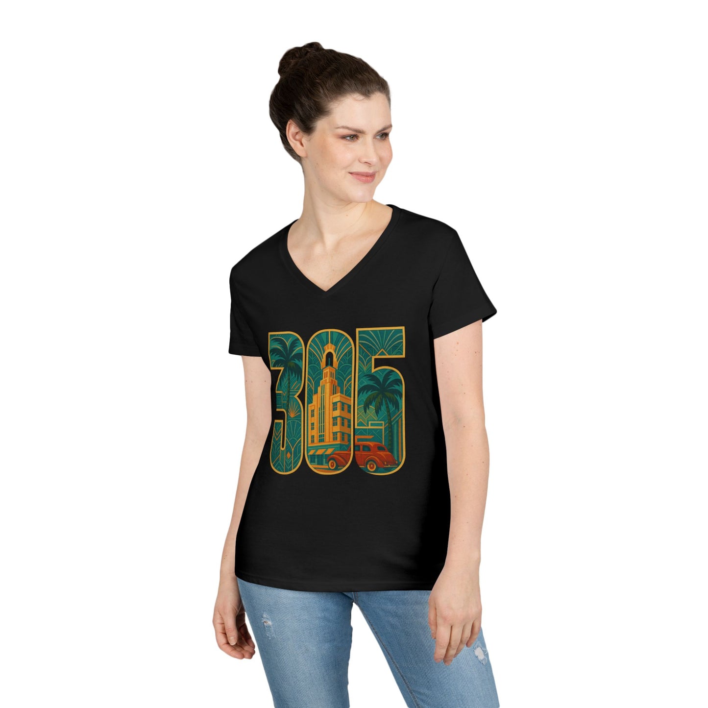 Miami Florida Ladies' V-Neck T-Shirt Art Deco 305 Tee