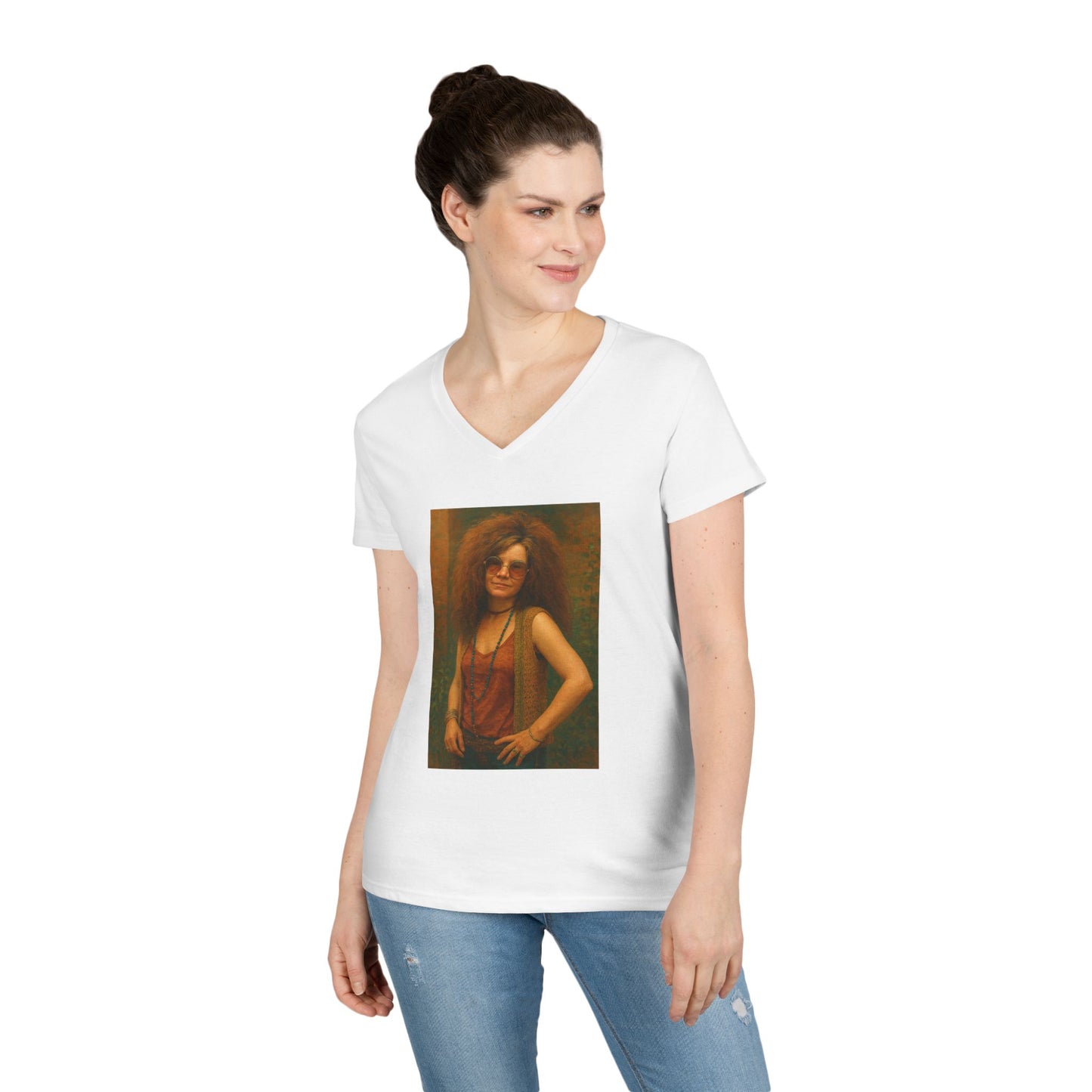 Janice Joplin Ladies' V-Neck T-Shirt Vintage Retro Style 1960’s