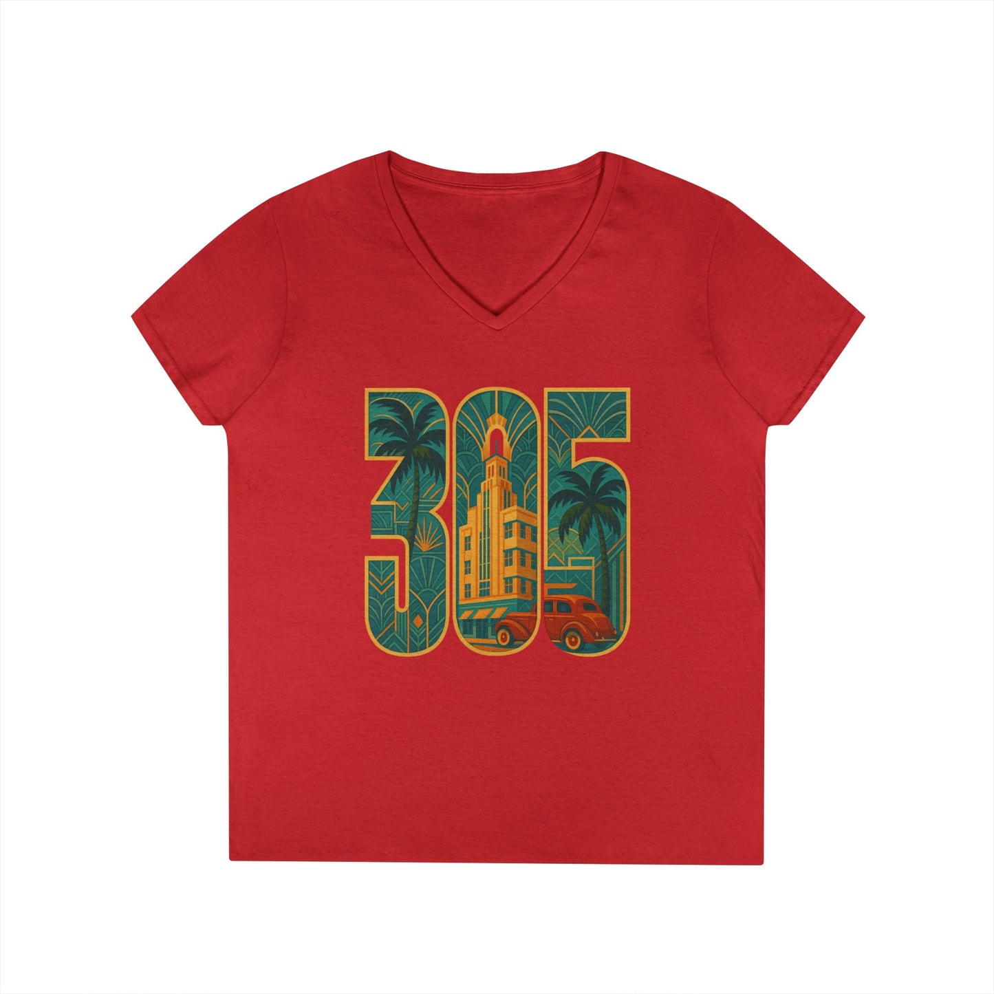 Miami Florida Ladies' V-Neck T-Shirt Art Deco 305 Tee