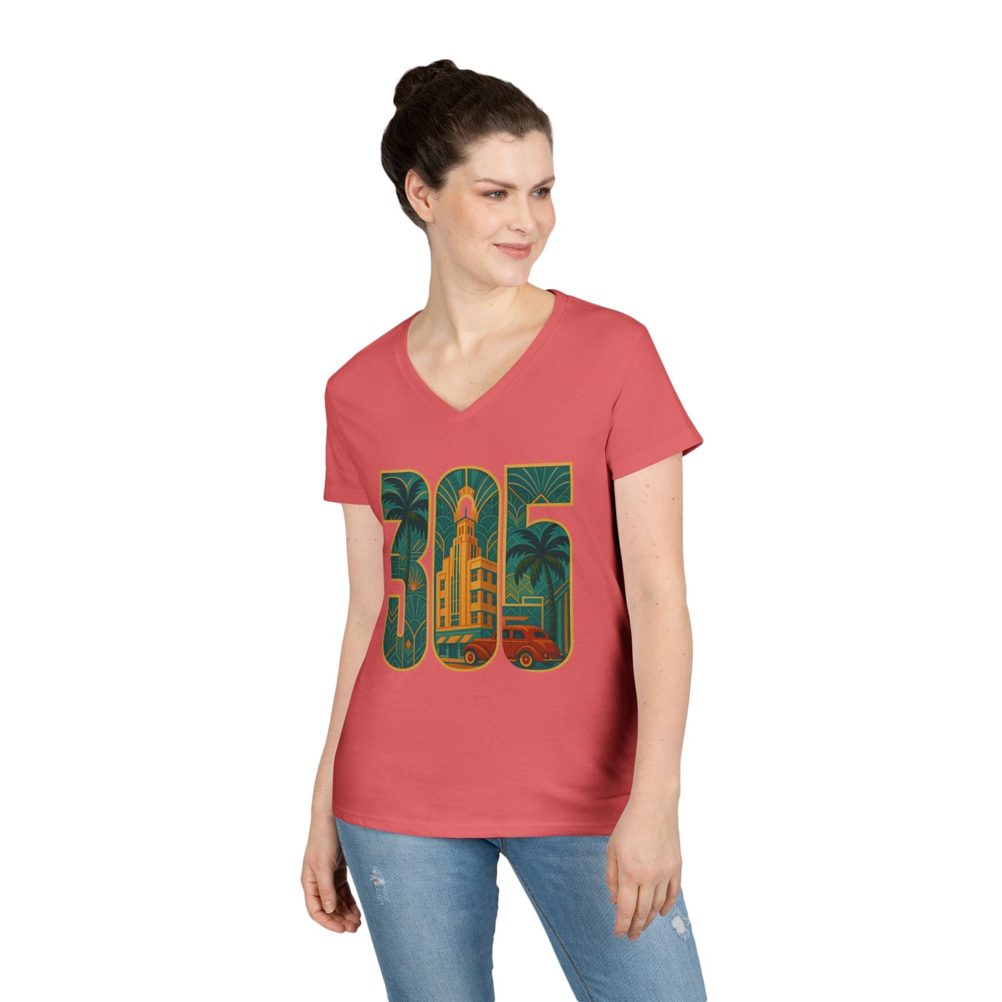 Miami Florida Ladies' V-Neck T-Shirt Art Deco 305 Tee