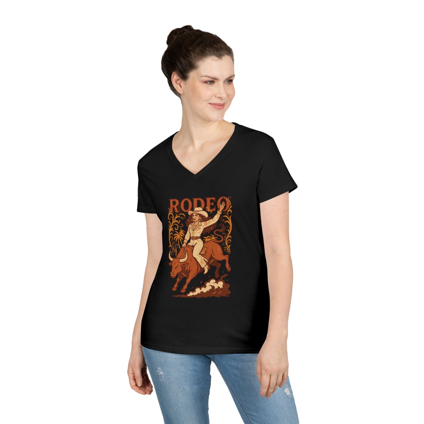 Cow Girl Ladies' V-Neck T-Shirt Rodeo Country Tee Southern Style