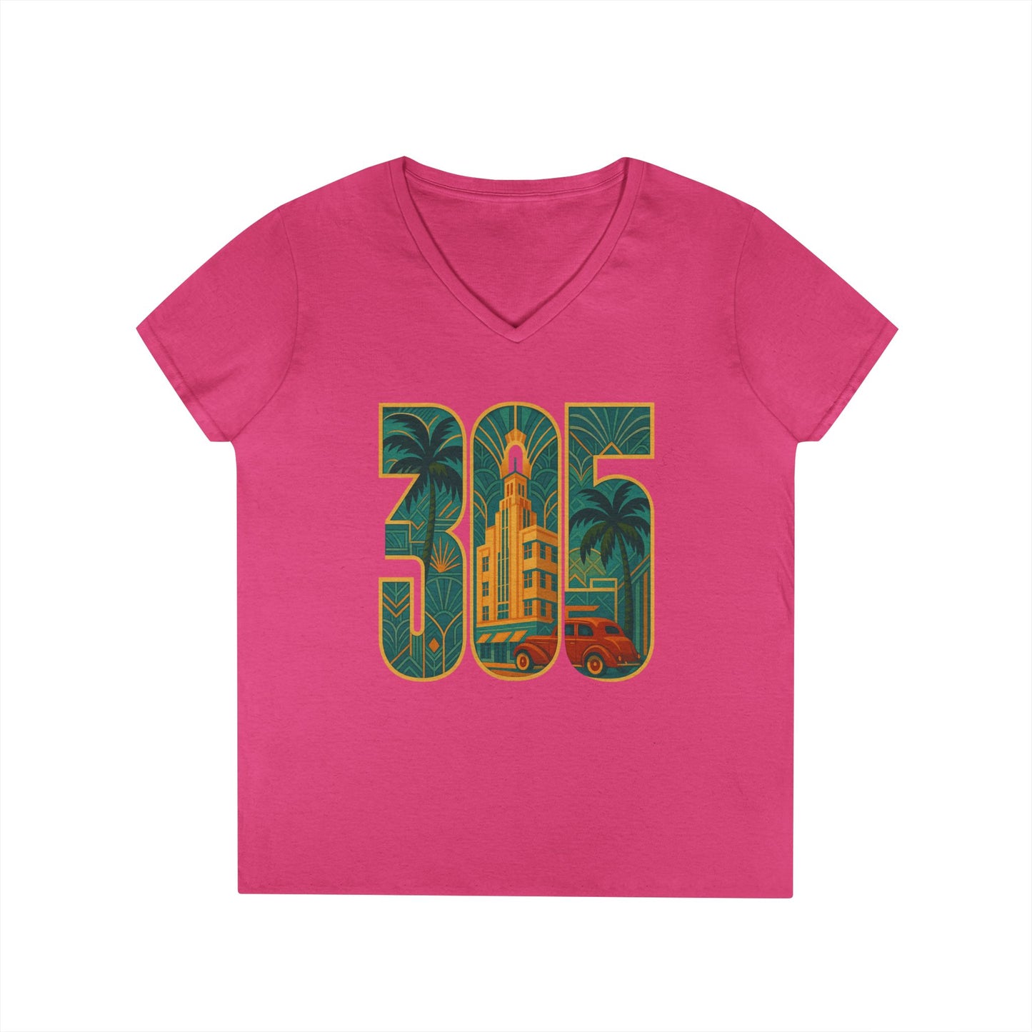 Miami Florida Ladies' V-Neck T-Shirt Art Deco 305 Tee