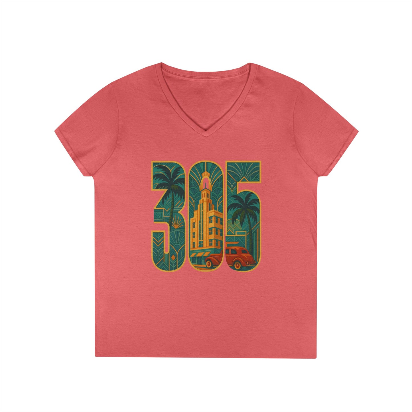 Miami Florida Ladies' V-Neck T-Shirt Art Deco 305 Tee