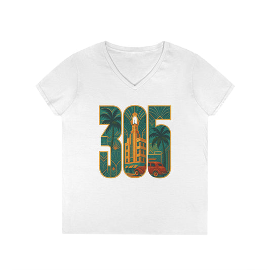 Miami Florida Ladies' V-Neck T-Shirt Art Deco 305 Tee