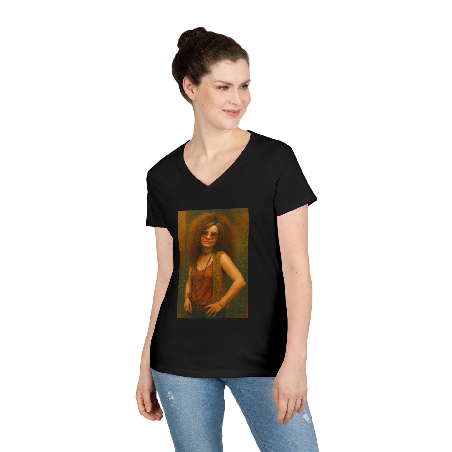 Janice Joplin Ladies' V-Neck T-Shirt Vintage Retro Style 1960’s