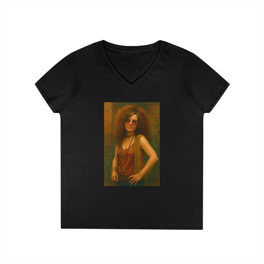 Janice Joplin Ladies' V-Neck T-Shirt Vintage Retro Style 1960’s