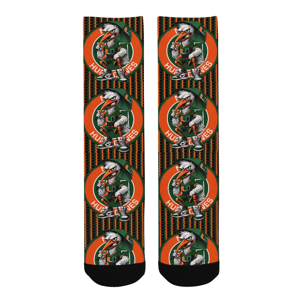 HURRICANES UM UNIVERSITY OF MIAMI MEN’S CUSTOM CREW SOCKS – MIAMI FOOTBALL FAN GIFT