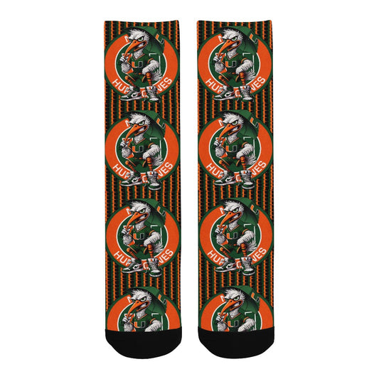 HURRICANES UM UNIVERSITY OF MIAMI MEN’S CUSTOM CREW SOCKS – MIAMI FOOTBALL FAN GIFT