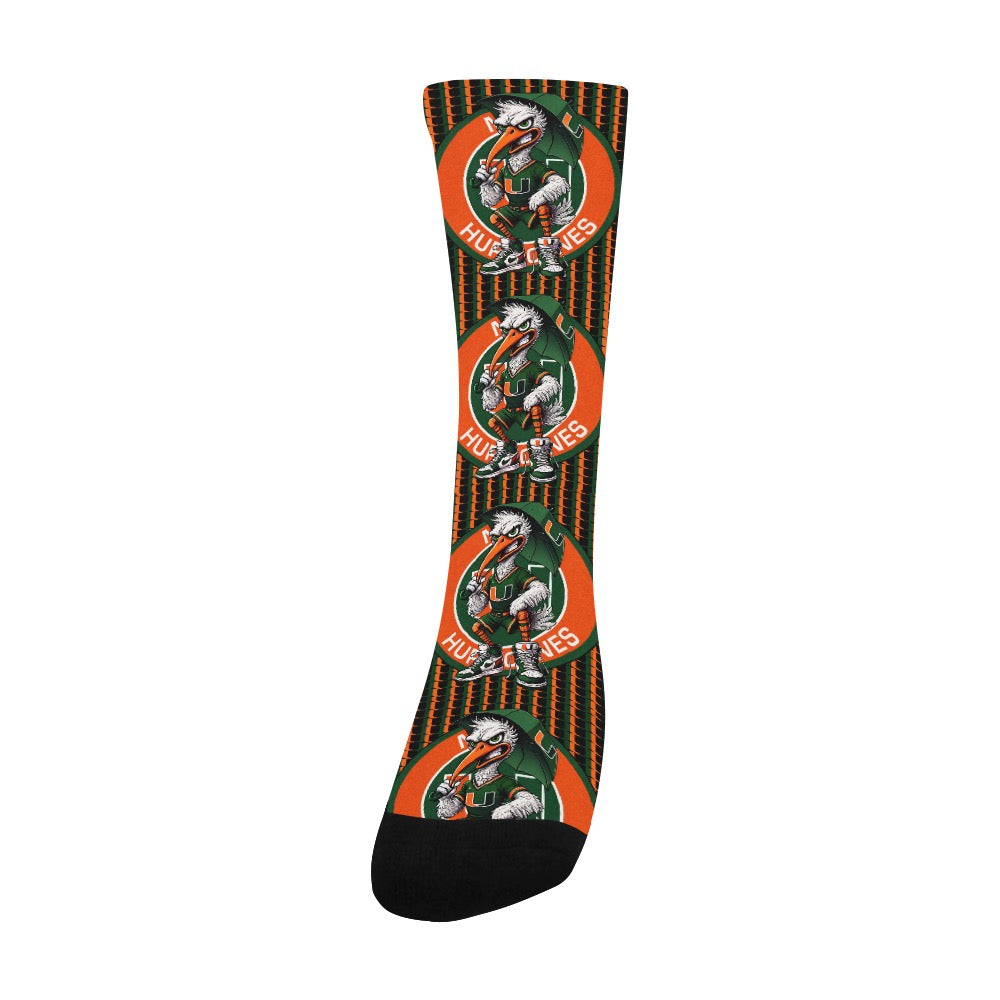 HURRICANES UM UNIVERSITY OF MIAMI MEN’S CUSTOM CREW SOCKS – MIAMI FOOTBALL FAN GIFT