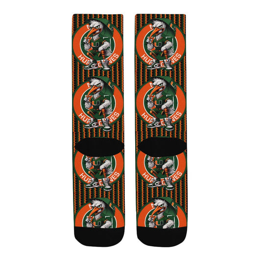 HURRICANES UM UNIVERSITY OF MIAMI MEN’S CUSTOM CREW SOCKS – MIAMI FOOTBALL FAN GIFT